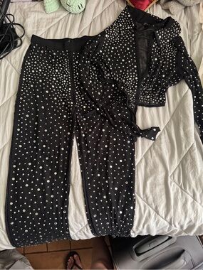 Black Rhinestone-Studded Joggers with Matching Tie-Front Jacket
